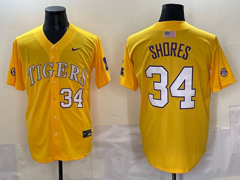 Men 2025 LSU Tigers #34 Shores Yellow Nike Joint Name Nike NCAA Jersey style 6